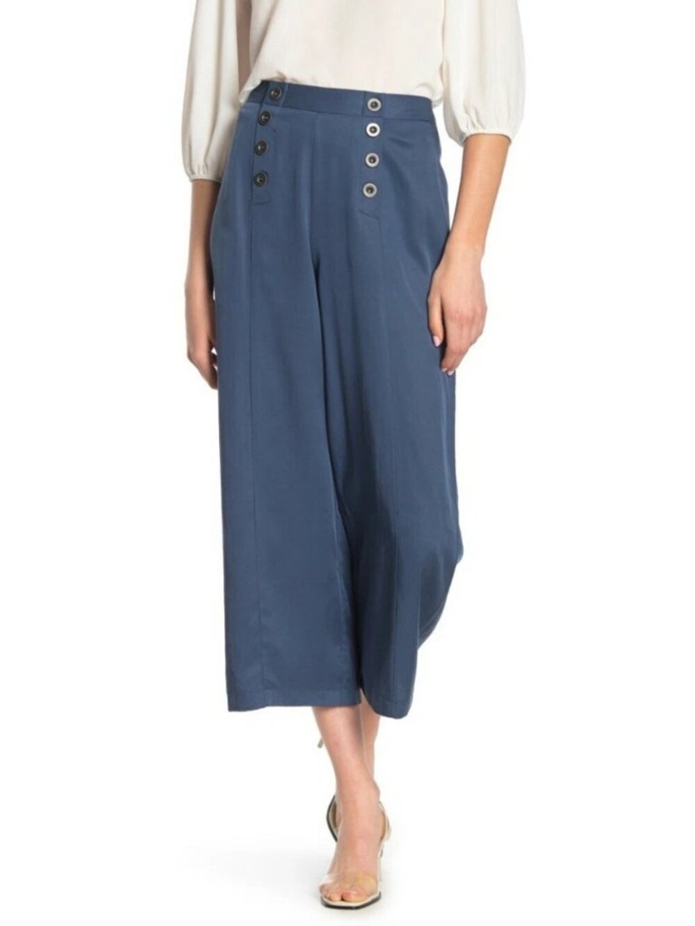 JUNE & HUDSON Navy High-Waist Wide Leg Sailor Pants with Button Detail sz L